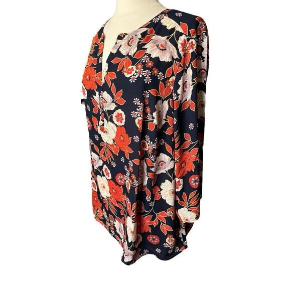 Daniel Rainn New Floral Peasant Blouse Size 2X Roll Tab Sleeves V Neck Navy Blue - Picture 2 of 7